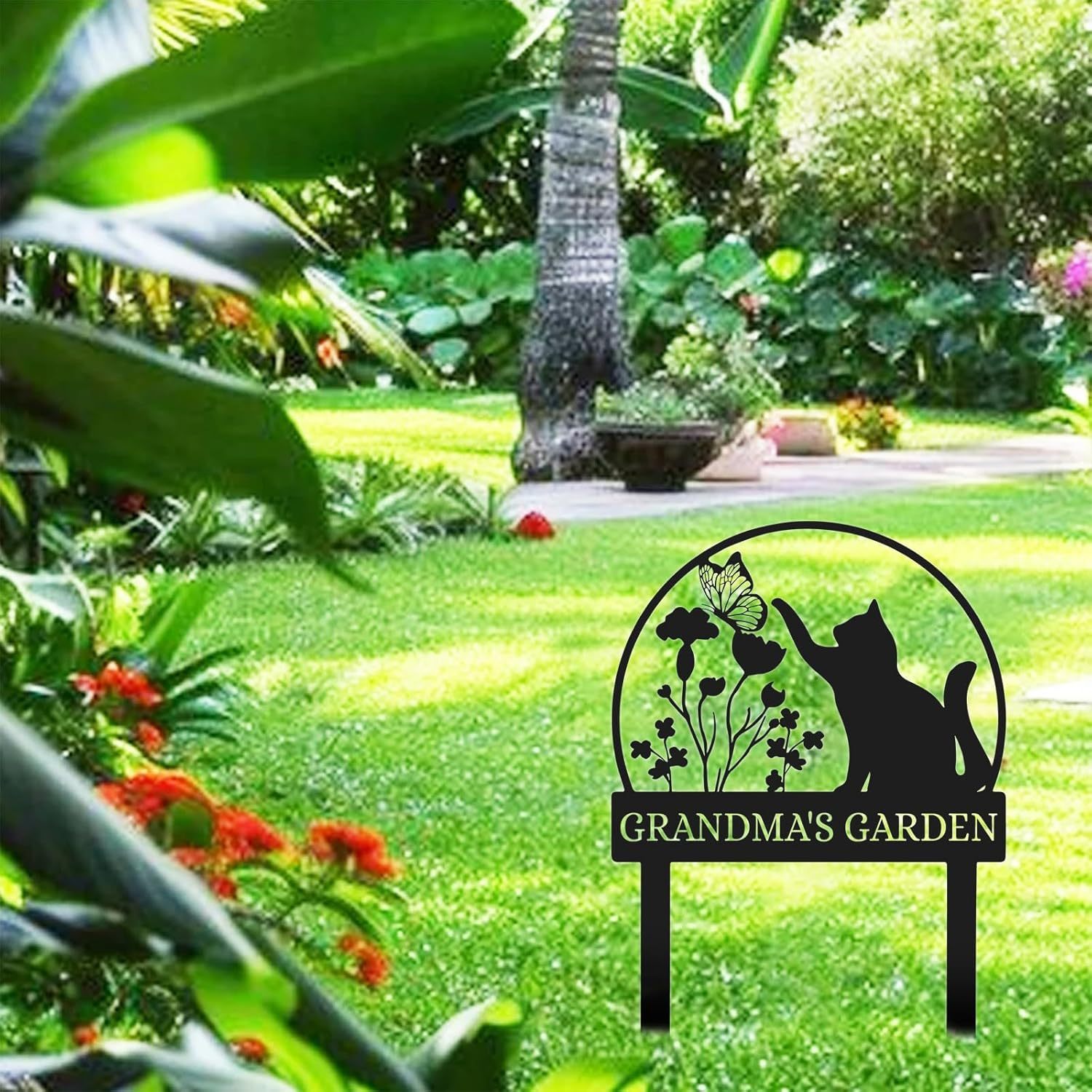 Custom Cat Garden Stake Sign, Funny Personalized Yard Decor, Butterfly & Pet Outdoor Metal Plaque-MetalsignX