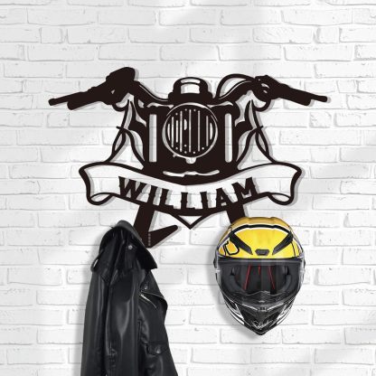 Custom Motorcycle Helmet Holder, Wall Mount Organizer with Hooks, Personalized Helmet Display-MetalsignX