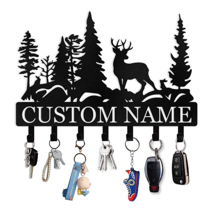 Personalized Key Holder for Wall, Custom Forest Deer Coat Rack Wall Hanging-MetalsignX