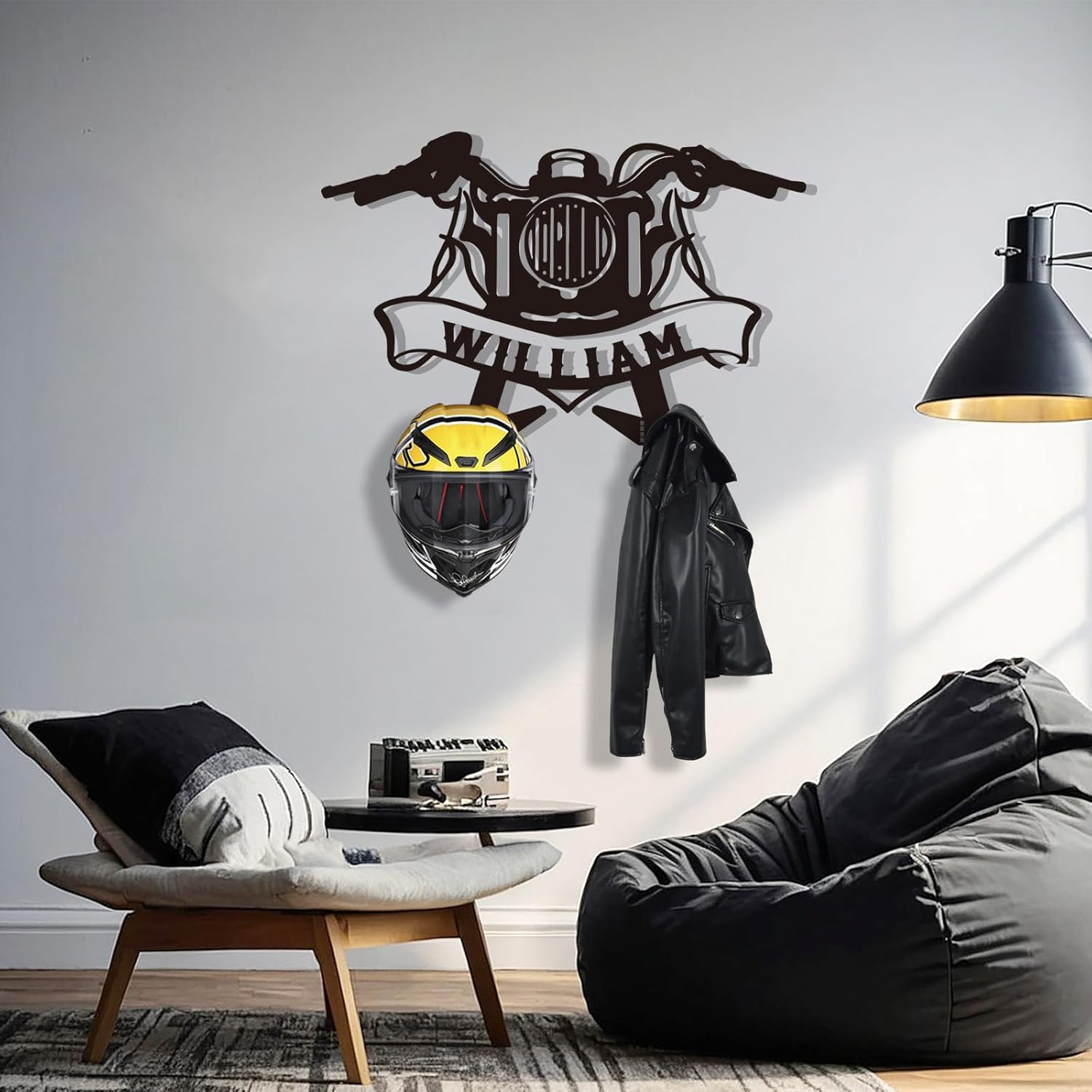 Custom Motorcycle Helmet Holder, Wall Mount Organizer with Hooks, Personalized Helmet Display-MetalsignX