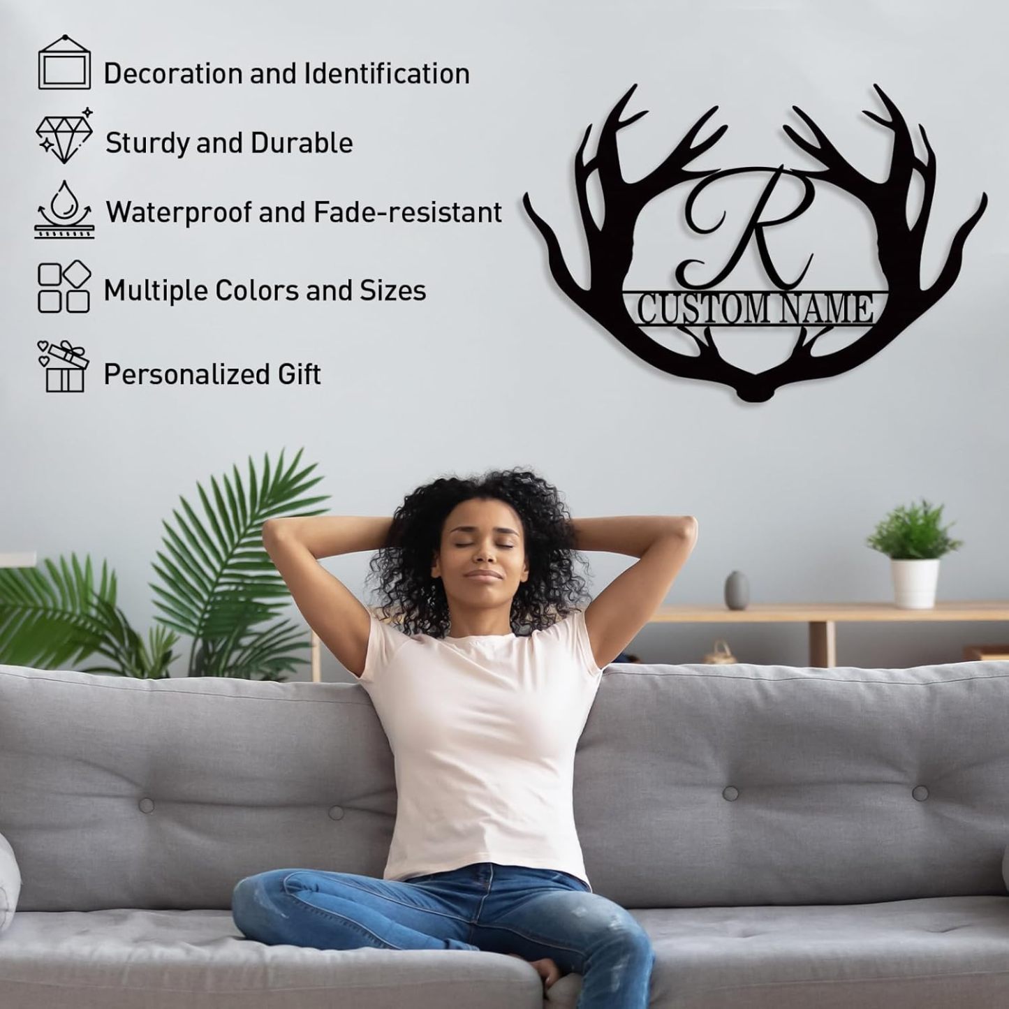 Personalized Metal Name Sign, Deer Antlers Monogram, Family Last Name Wall Art, Rustic Home Decor & Wedding Gifts-MetalsignX