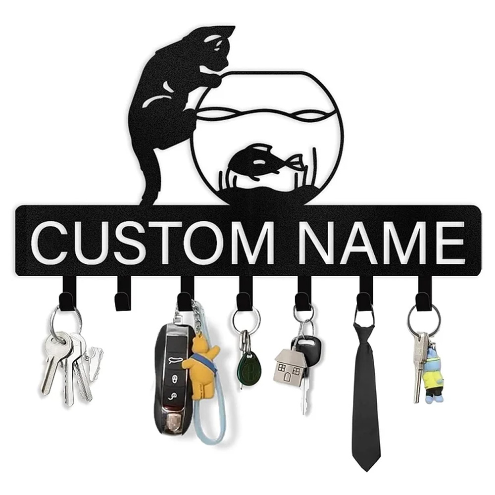 Custom Cat Key Holder for Wall, Custom Name Cat Key Rack Hanger with Hooks-MetalsignX