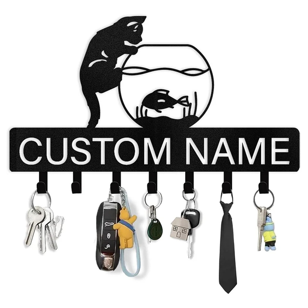 Custom Cat Key Holder for Wall, Custom Name Cat Key Rack Hanger with Hooks-MetalsignX