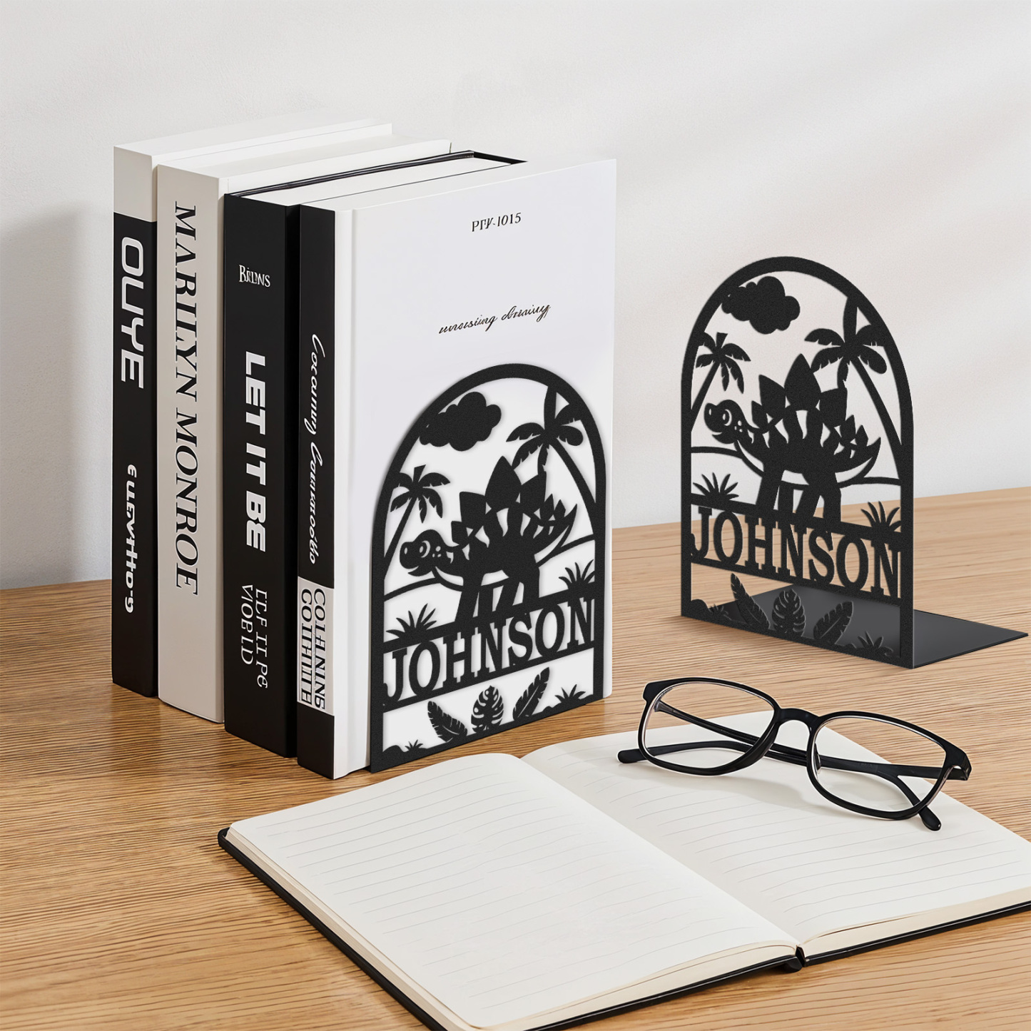 Personalized Name Book Ends Metal, Heavy Duty Bookends for Shelves Decorative, Dinosaur Non-Slip Book Stopper, Modern Bookshelf Decor for Home Office Desk, Gifts for Readers Color08