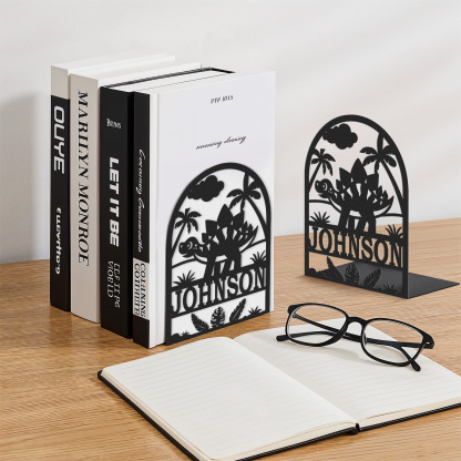 Personalized Name Book Ends Metal, Heavy Duty Bookends for Shelves Decorative, Dinosaur Non-Slip Book Stopper, Modern Bookshelf Decor for Home Office Desk, Gifts for Readers Color08