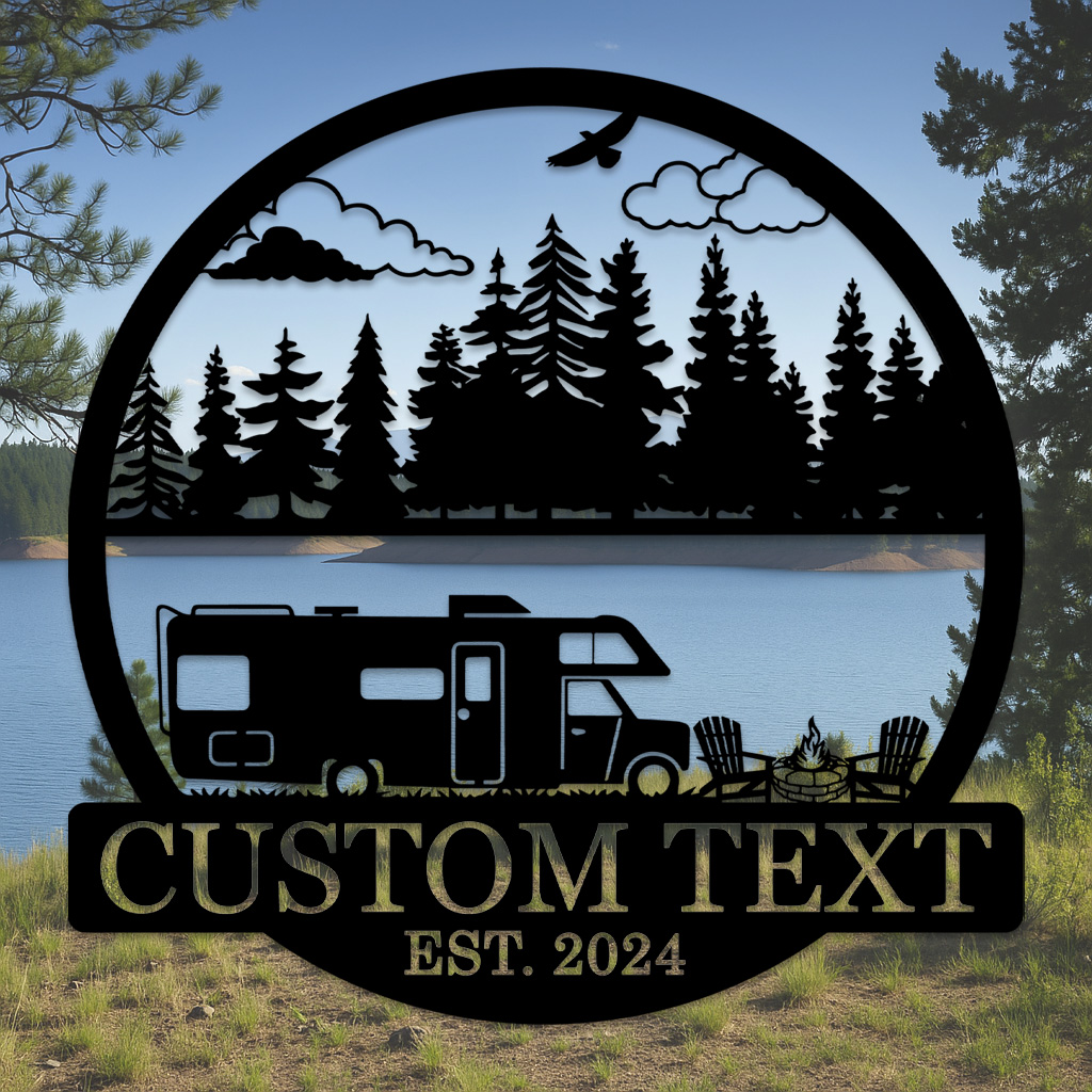 Custom RV Camping Metal Sign, Personalized Forest and Camper Wall Art with Campfire and Chairs, Outdoor Decor for Trailer or Campsite