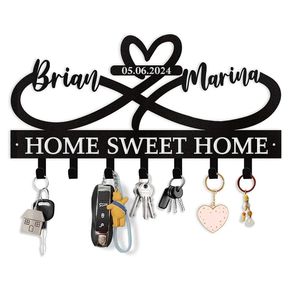 Custom Key Holder for Wall with Couple's Name, Heart Key Rack Wall Mount-MetalsignX