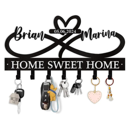 Custom Key Holder for Wall with Couple's Name, Heart Key Rack Wall Mount-MetalsignX