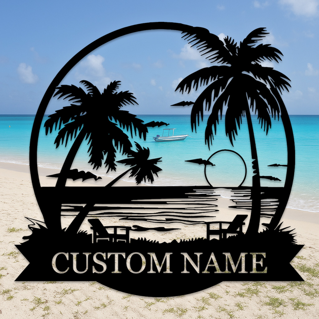 Custom Beach Sunset Metal Sign, Personalized Palm Tree and Ocean View Wall Art for Tropical Patio, Poolside, or Coastal Home Decor