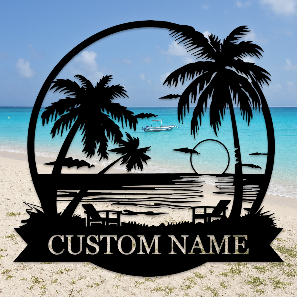 Custom Beach Sunset Metal Sign, Personalized Palm Tree and Ocean View Wall Art for Tropical Patio, Poolside, or Coastal Home Decor