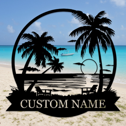 Custom Beach Sunset Metal Sign, Personalized Palm Tree and Ocean View Wall Art for Tropical Patio, Poolside, or Coastal Home Decor