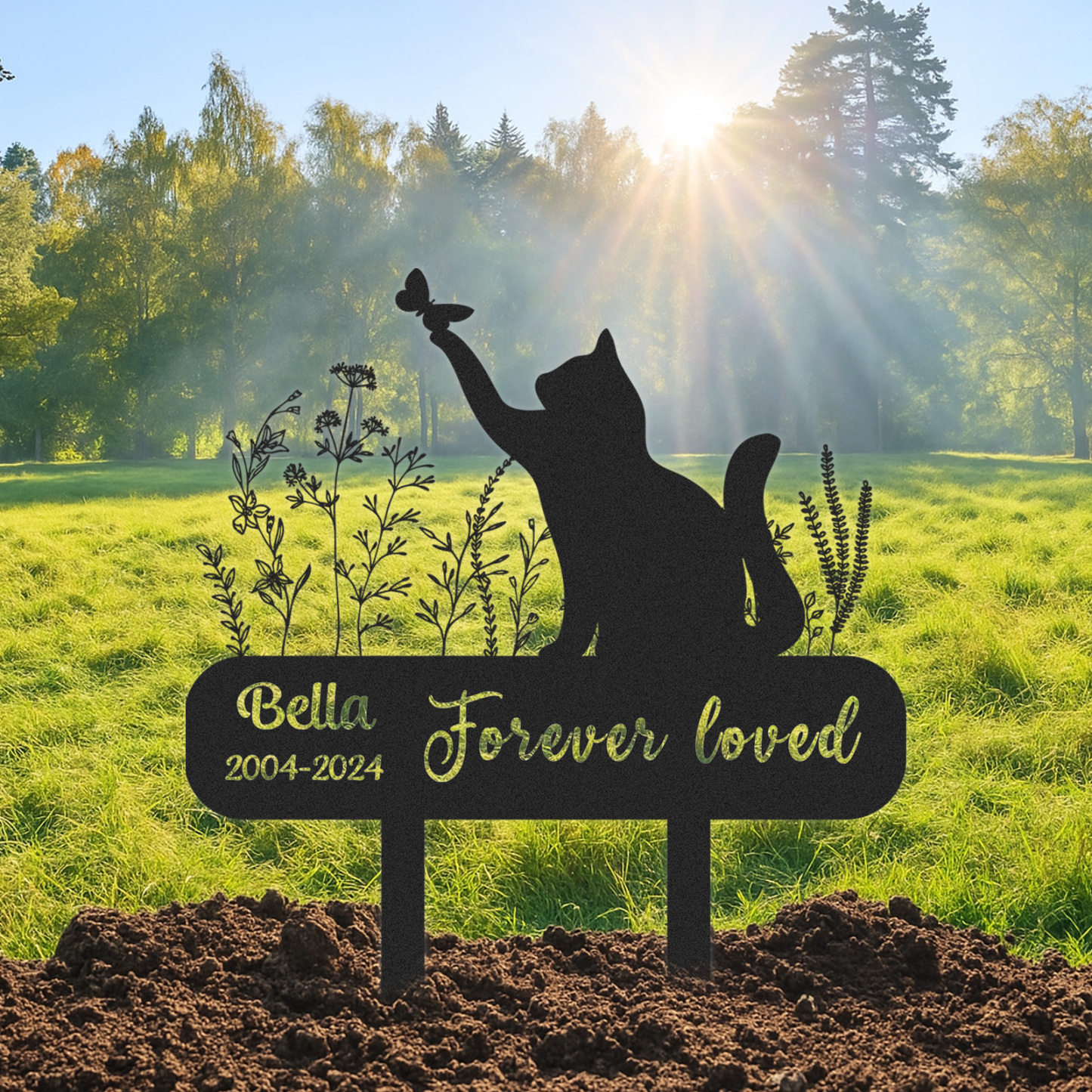 Custom Cat Memorial Garden Stake with Butterfly, Personalized Outdoor Sign with Name and Dates, Forever Loved Pet Tribute for Cat Loss