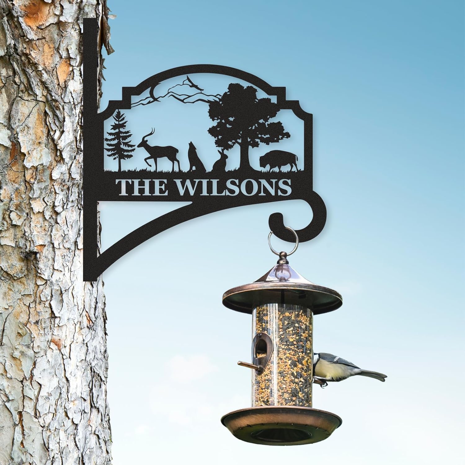 Custom Hanging Plant Hanger Indoor Outdoor, Personalized Name Bird Feeder Hook, Customizable Forest Iron Hanging Brackets-MetalsignX