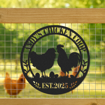 Personalized Chicken Coop Metal Sign with Eggs and Farm Scene, Custom Name Gift for Backyard Chicken Owners