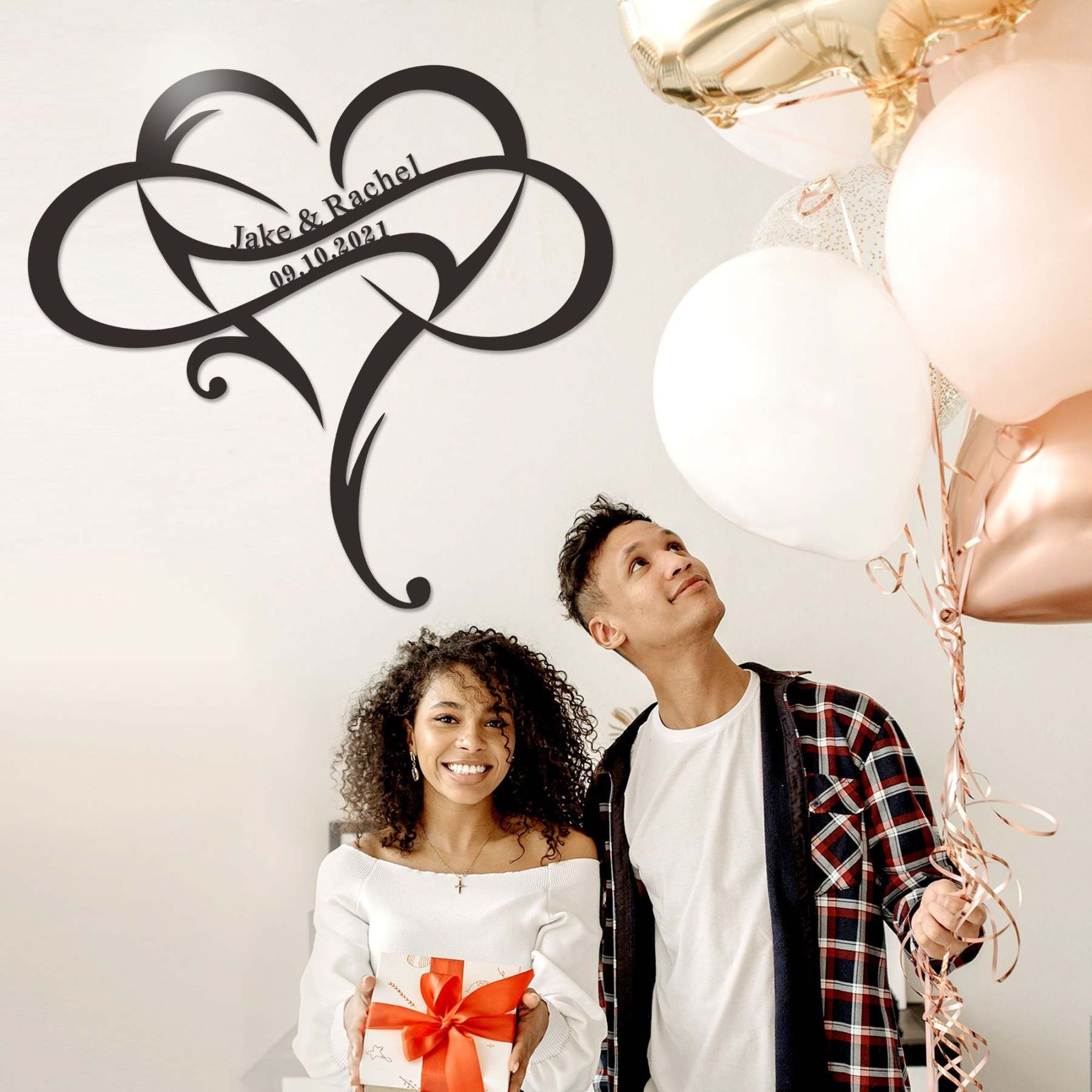 Custom Wedding Metal Sign of Name And Special Date with Heart Intertwined-MetalsignX