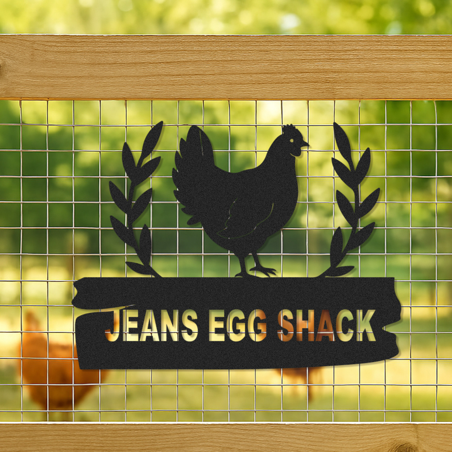 Custom Egg Shack Sign with Hen and Leaf Design, Personalized Chicken Coop Metal Decor for Backyard or Farm