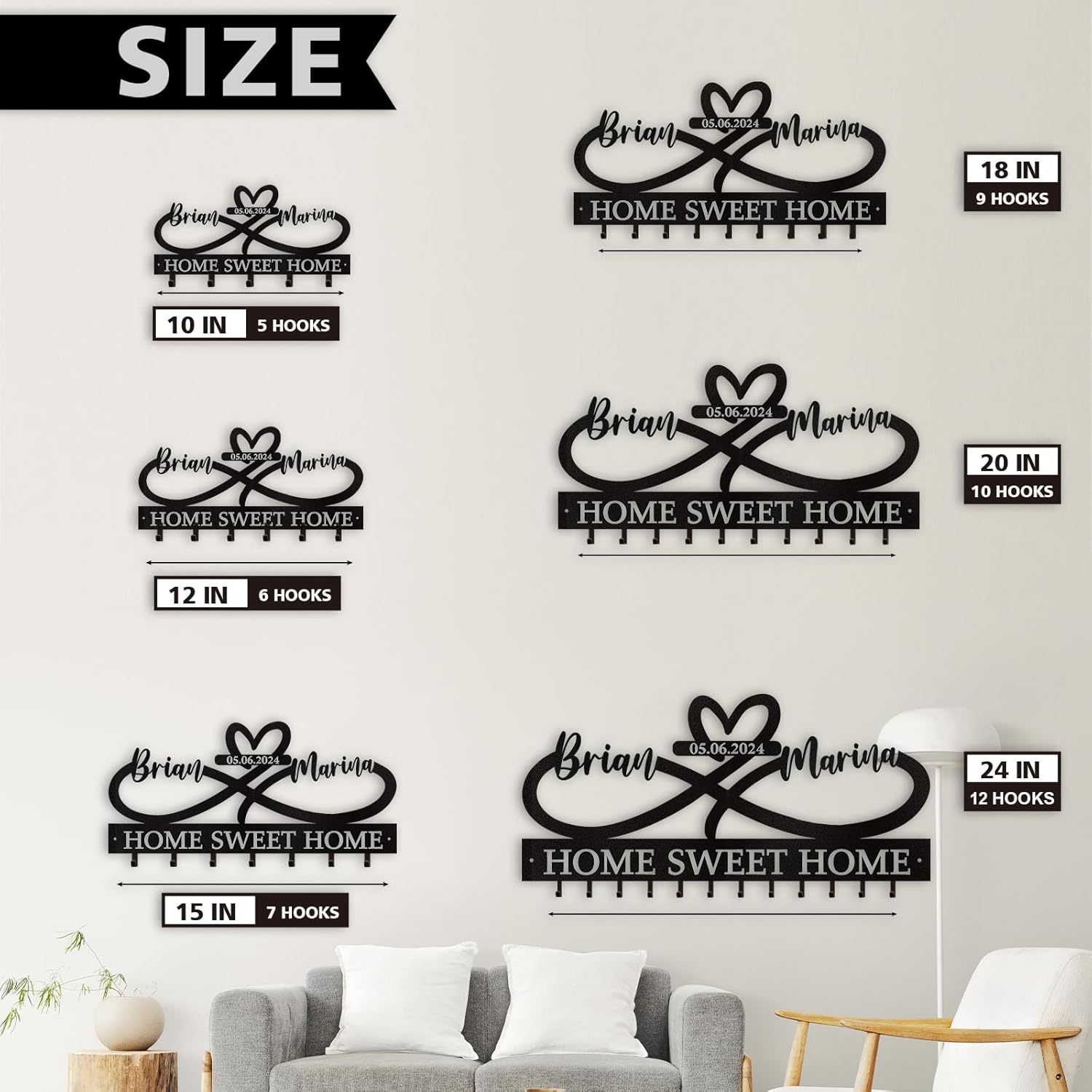 Custom Key Holder for Wall with Couple's Name, Heart Key Rack Wall Mount-MetalsignX