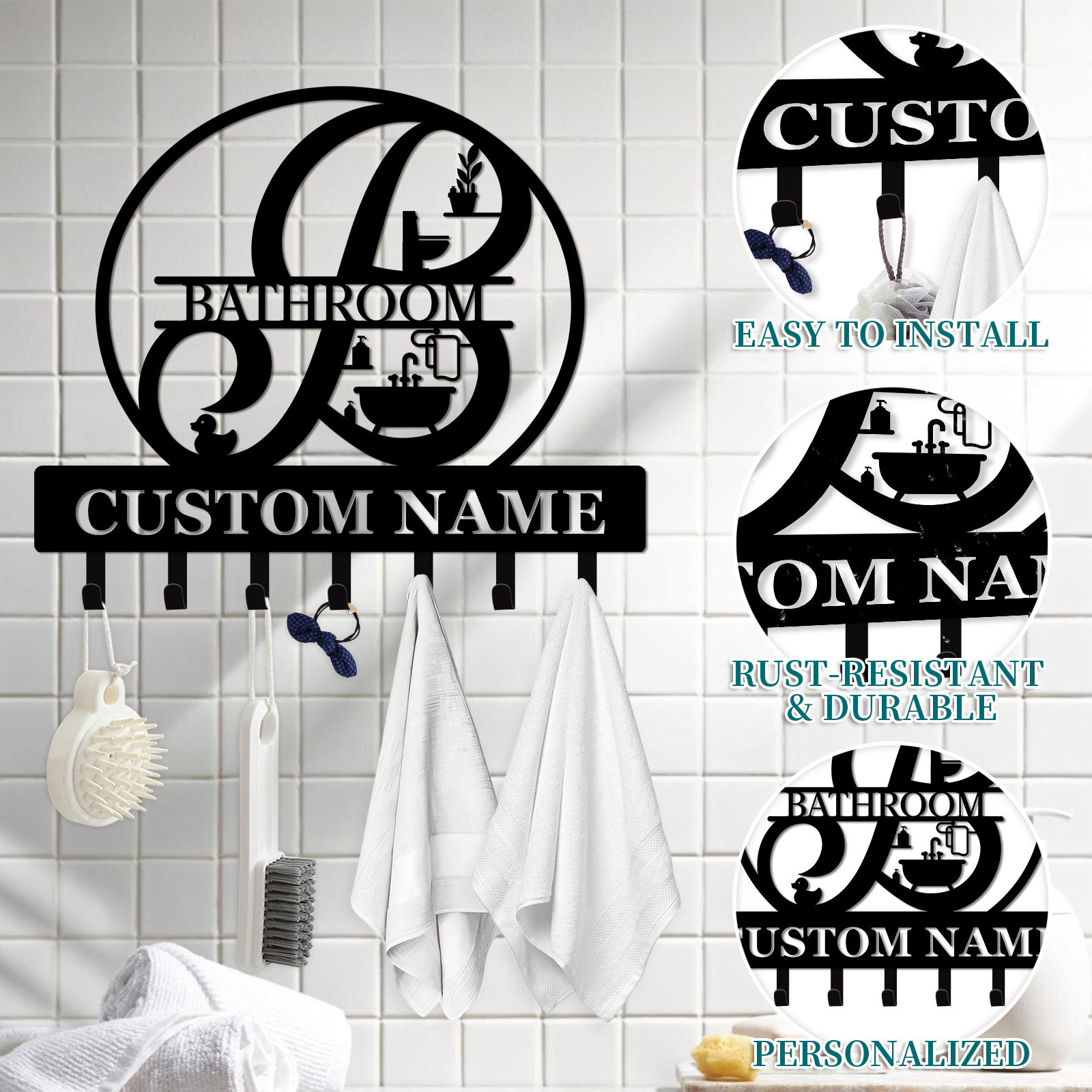 Personalized Towel Hooks, Hand Towel Holder for Bathroom, Robe Hanger Coat Hooks, Bathroom Accessories, Custom Name Decorative Wall Hooks for Bathroom Bedroom Room, Home Decor Gifts Color01