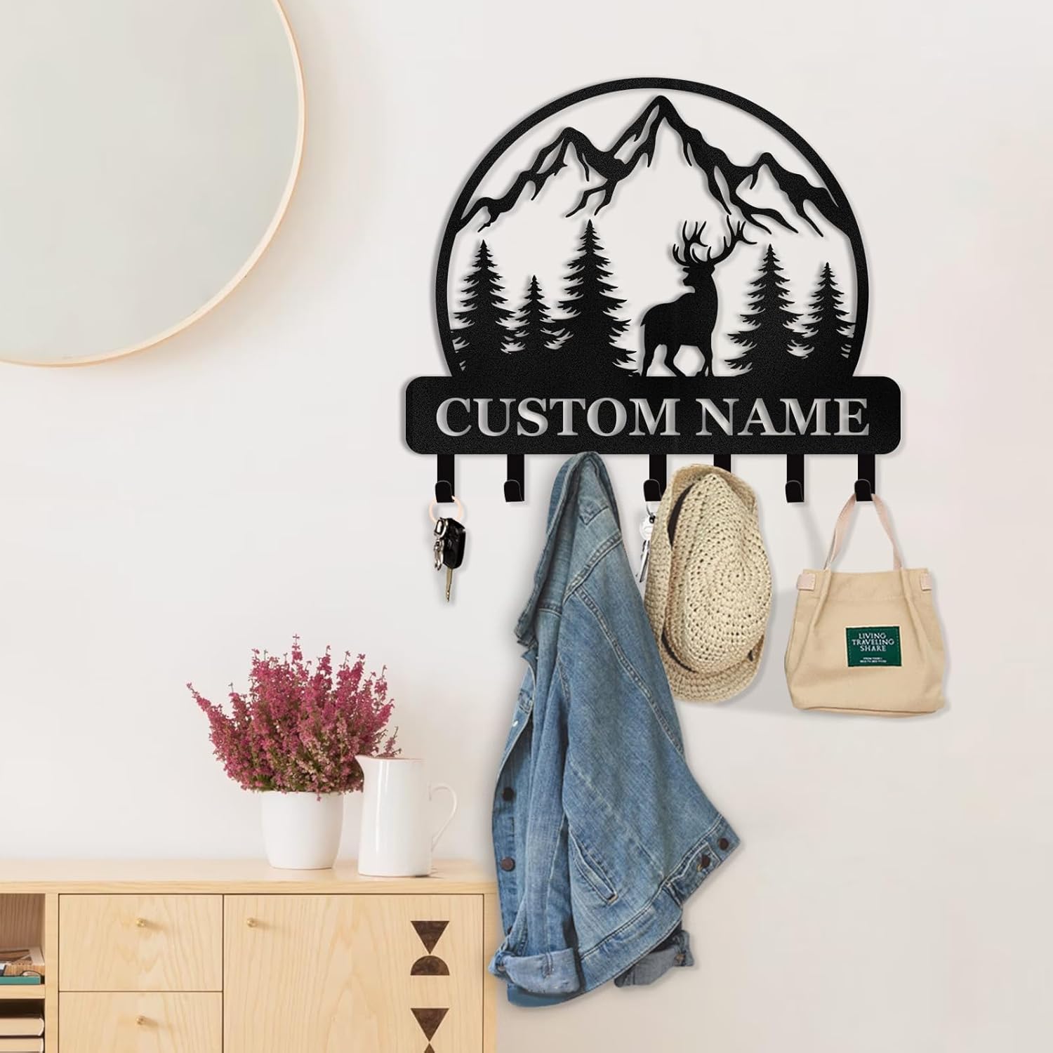 Personalized Key Holder for Wall, Custom Forest Deer Key Rack Hanger with Hooks-MetalsignX