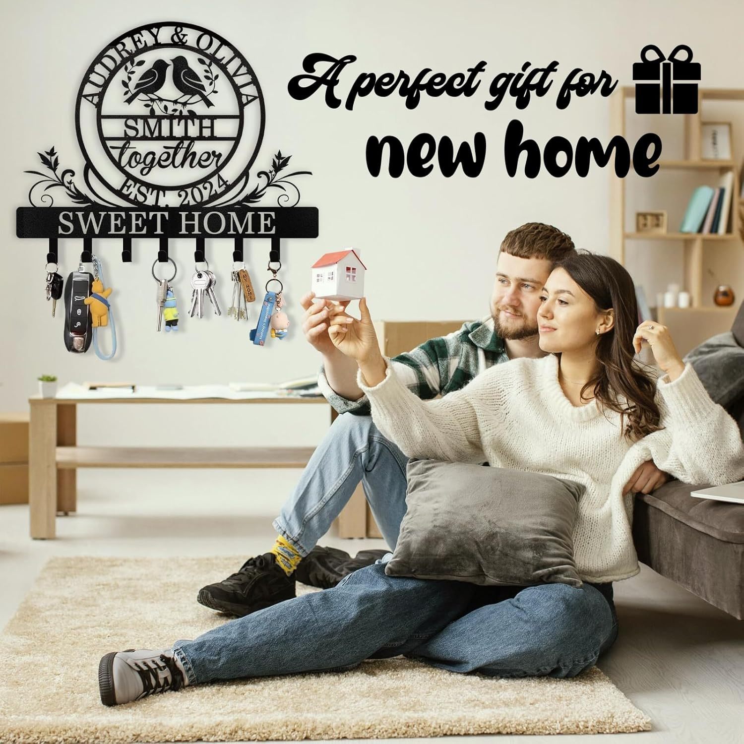 Personalized Key Holder for Wall, Metal Key Rack Wall Mount with Couple's Name-MetalsignX