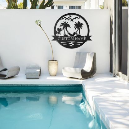 Personalized Metal Beach Signs, Backyard Oasis Sign, Porch Signs Outdoor, Coastal Beach Scene Custom Last Name Sign