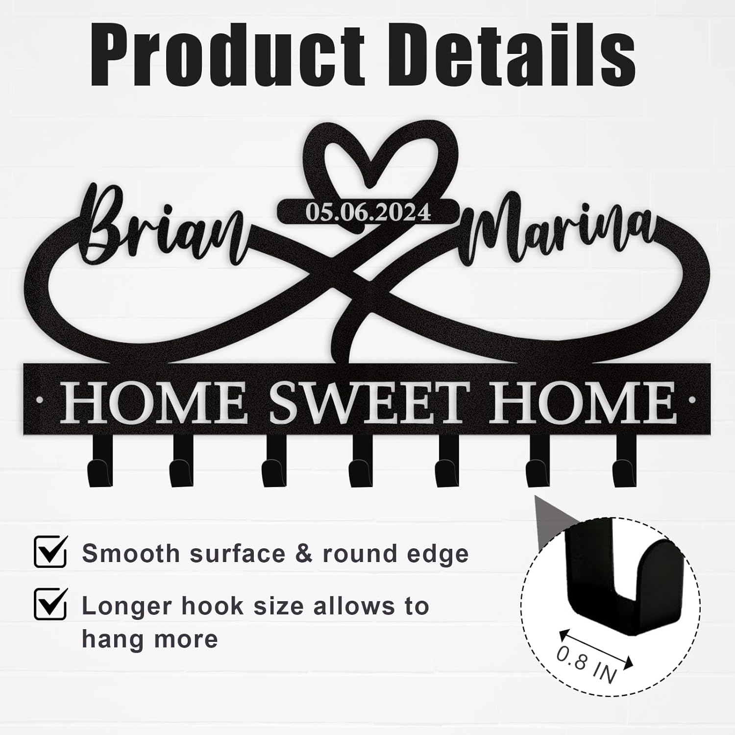 Custom Key Holder for Wall with Couple's Name, Heart Key Rack Wall Mount-MetalsignX