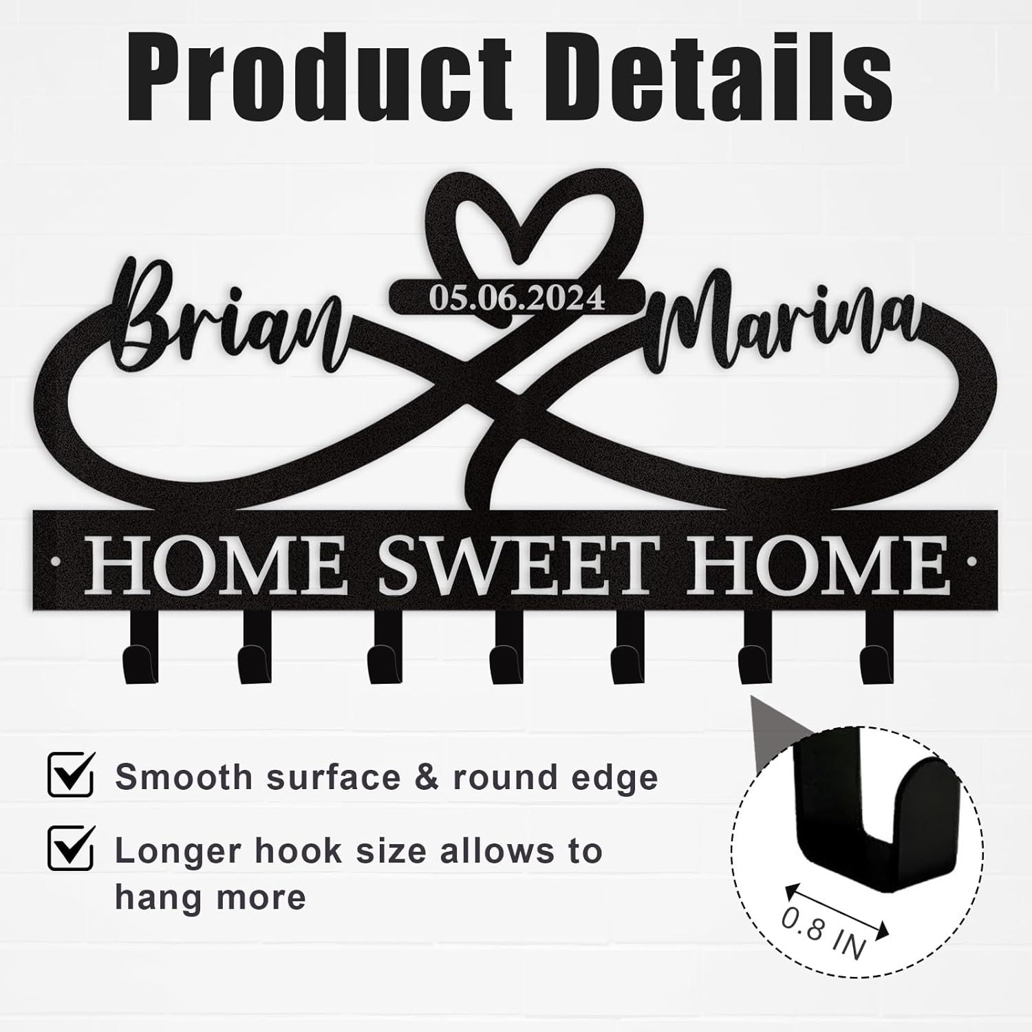 Custom Key Holder for Wall with Couple's Name, Heart Key Rack Wall Mount-MetalsignX