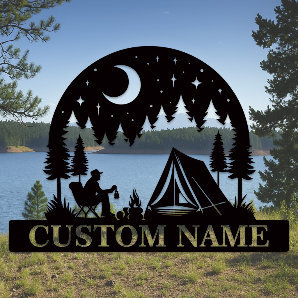 Custom Camping Metal Sign, Personalized Tent and Campfire Wall Art for Outdoor Lovers, Moon and Stars Forest Scene Name Sign
