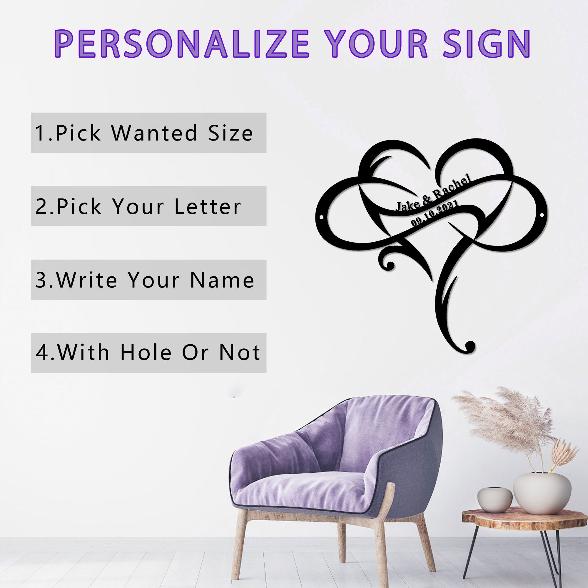 Custom Wedding Metal Sign of Name And Special Date with Heart Intertwined-MetalsignX