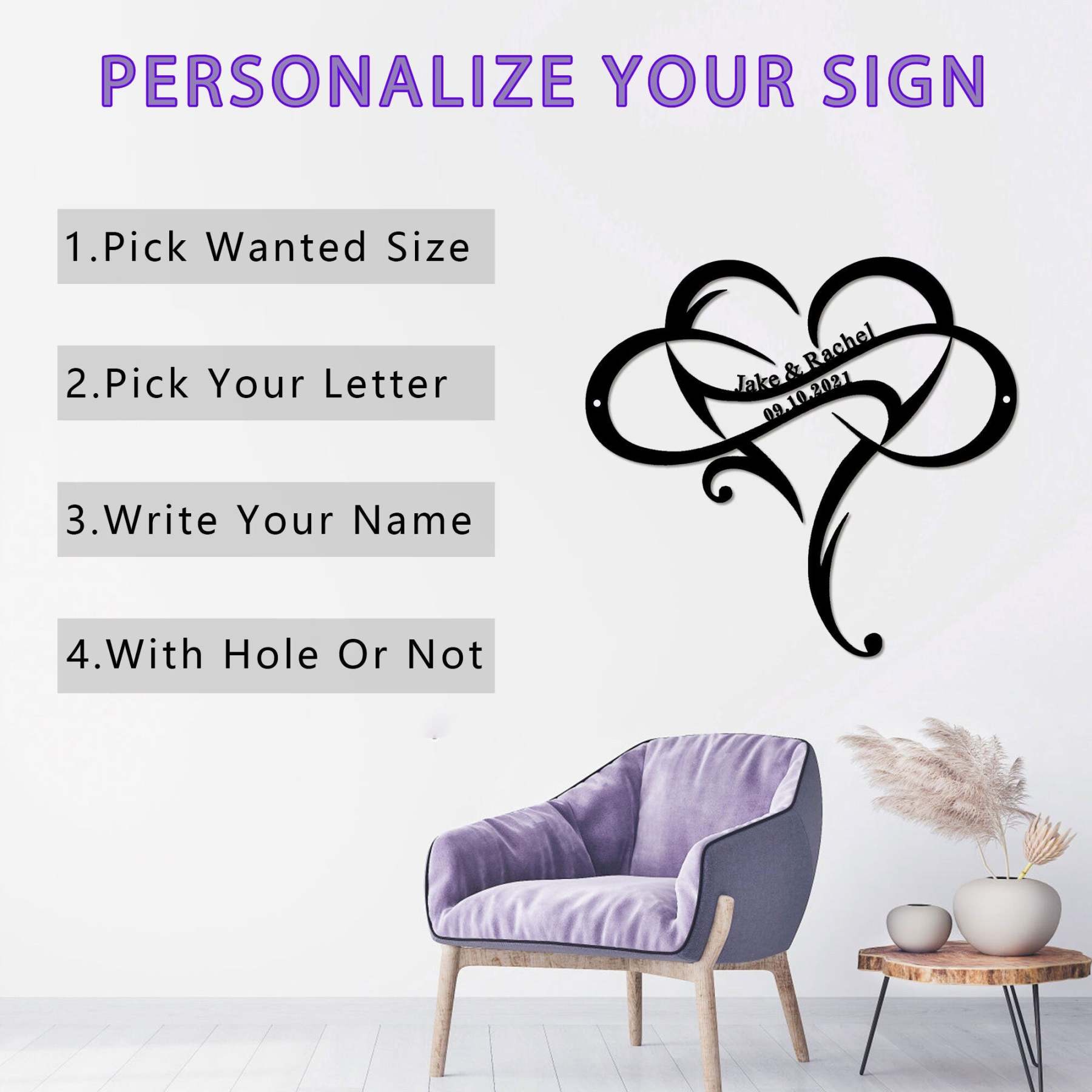 Custom Wedding Metal Sign of Name And Special Date with Heart Intertwined-MetalsignX