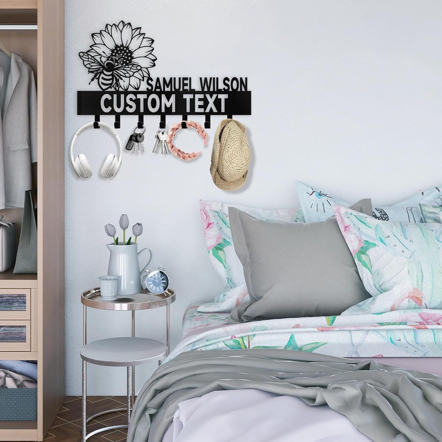 Personalized Key Holder Wall Mounted, Bee Flower Key Holder for Wall Decorative-MetalsignX