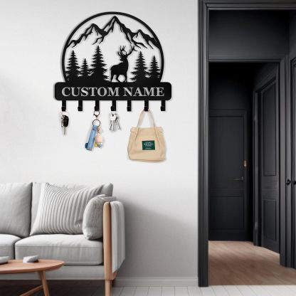 Personalized Key Holder for Wall, Custom Forest Deer Key Rack Hanger with Hooks-MetalsignX