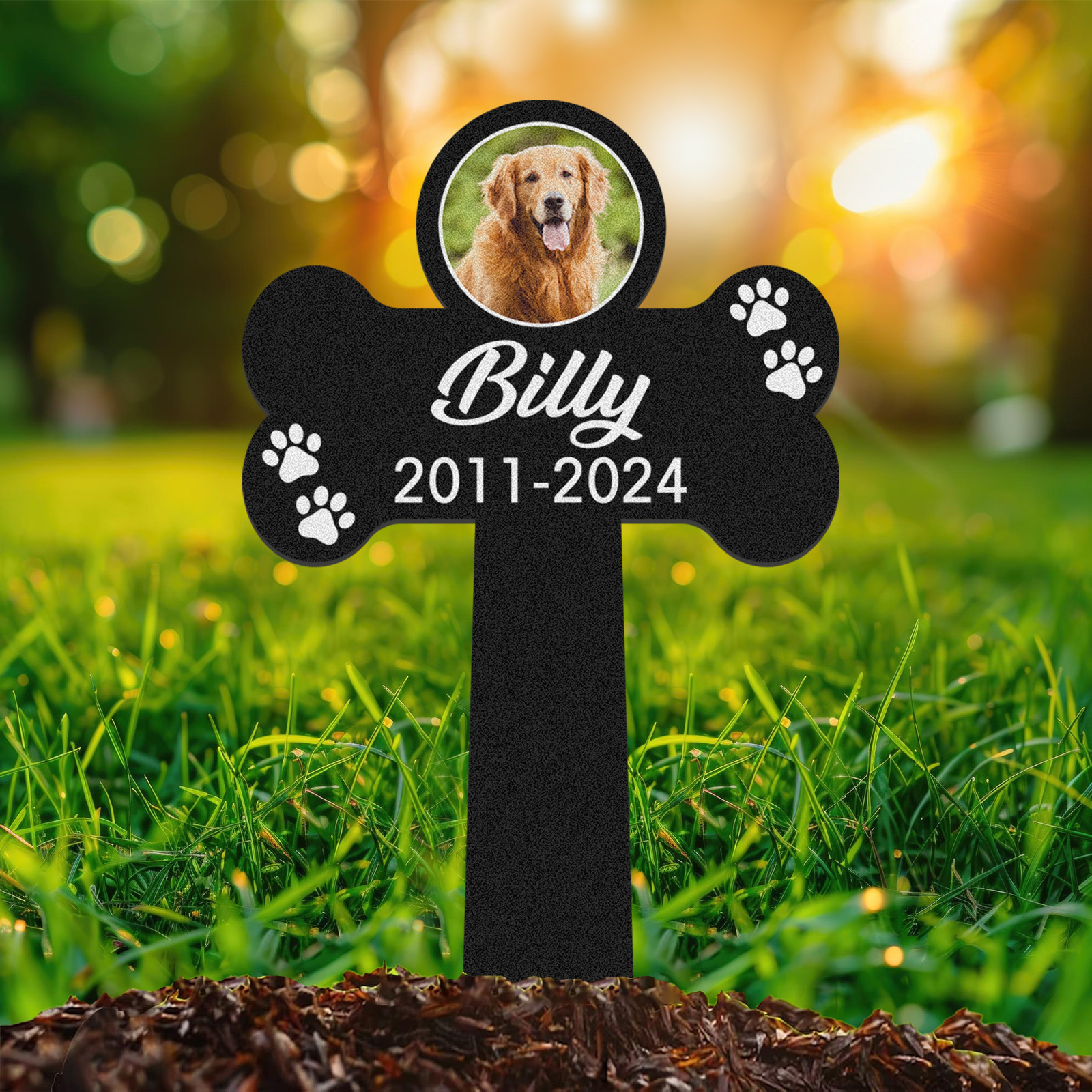Custom Pet Photo Memorial Stake, Personalized Dog Bone Grave Marker with Name, Years and Paw Prints for Garden Tribute
