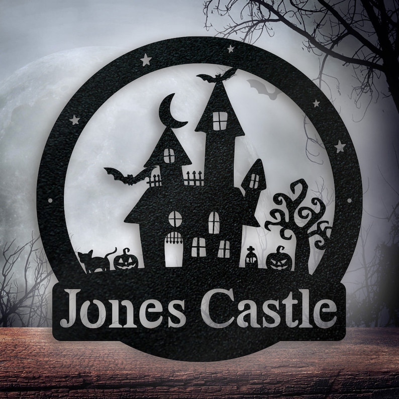 Personalized Halloween Haunted Castle Monogram Metal Sign, Haunted House Wall Sign, Spooky Halloween Wall Decor, Scary Metal Hanging Sign