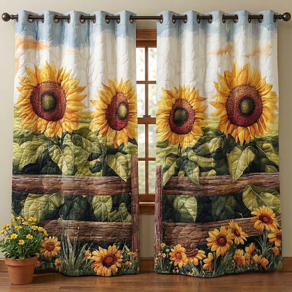 Sunflower Field & Wooden Fence Embroidered Knitwear Quilted Curtains