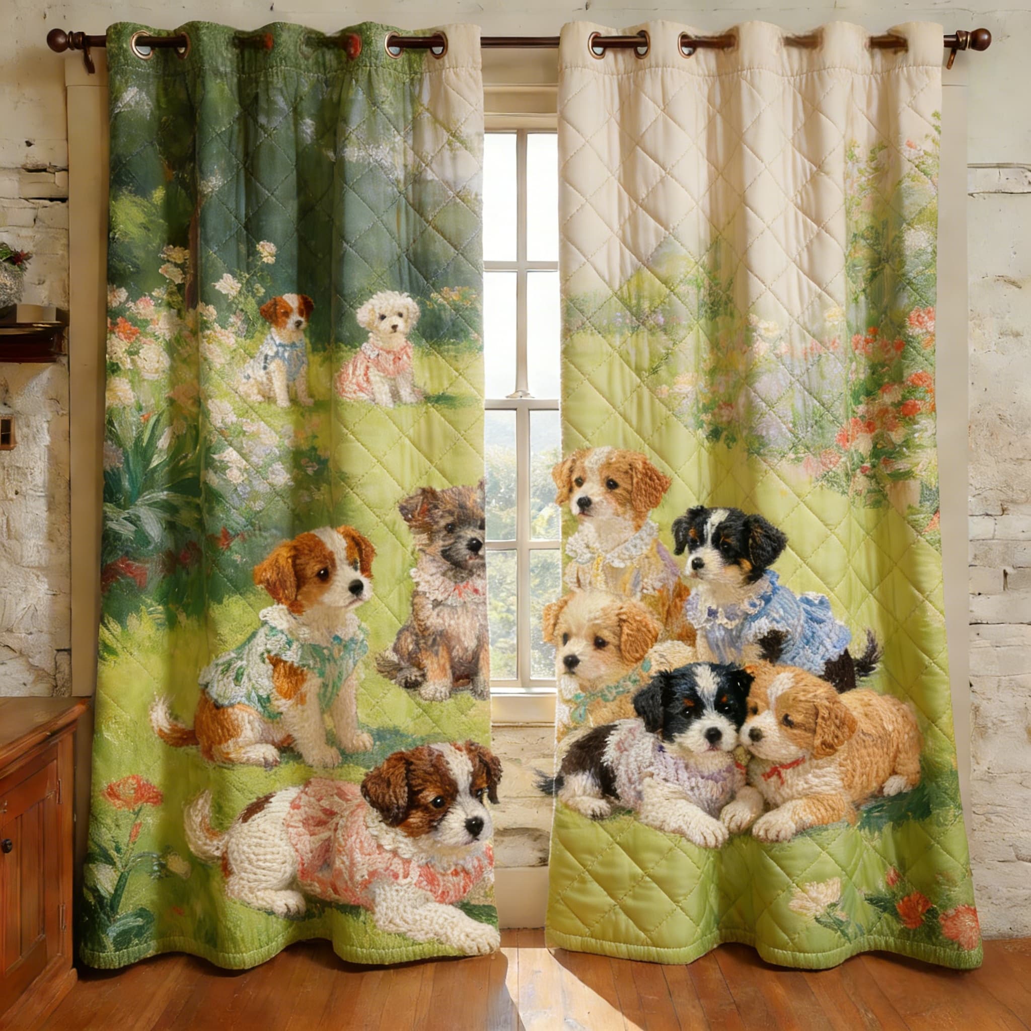 Playful Puppies in Spring Garden Embroidered Knitwear Quilted Curtains