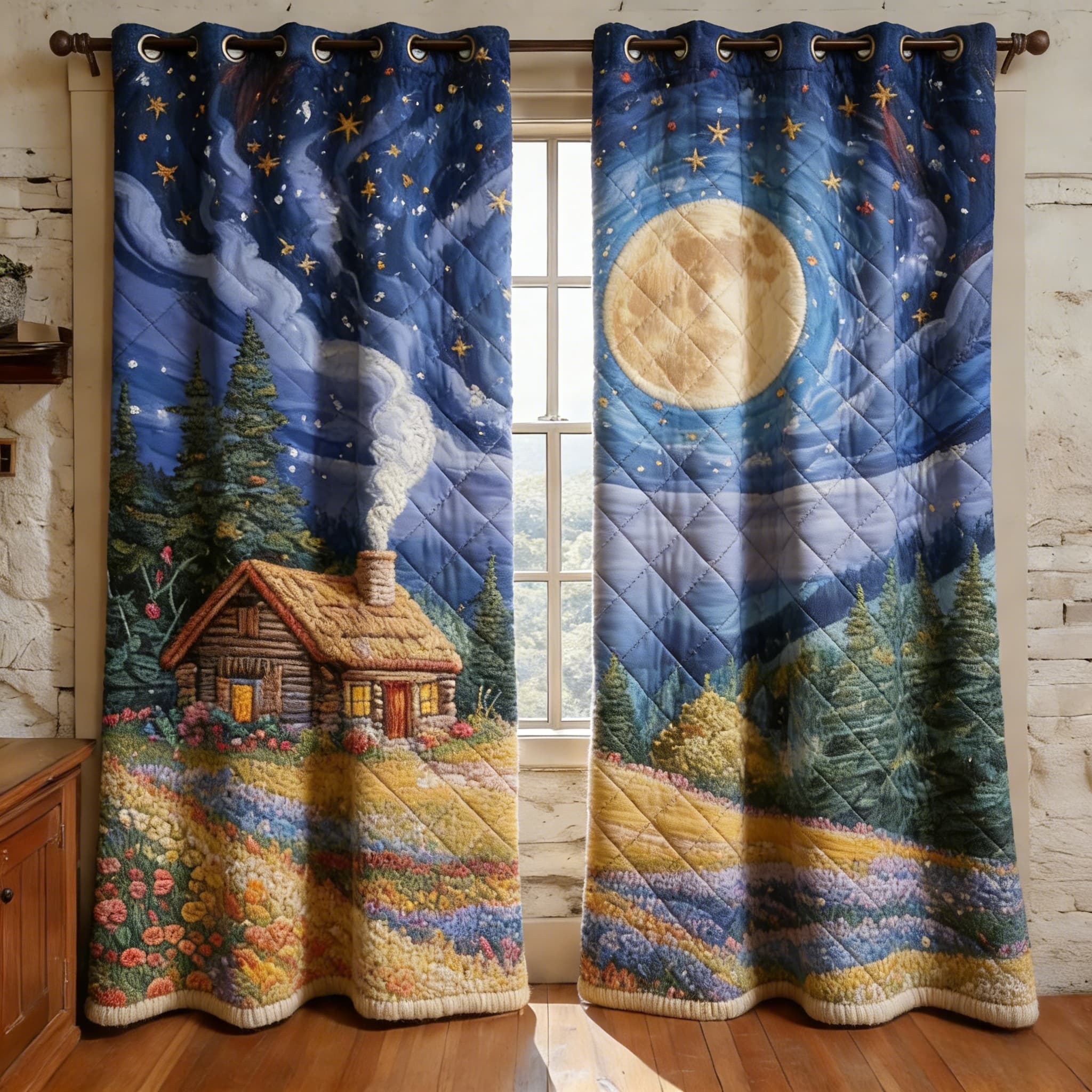 Moonlit Cabin & Wildflower Field Embroidered Knitwear Quilted Curtains