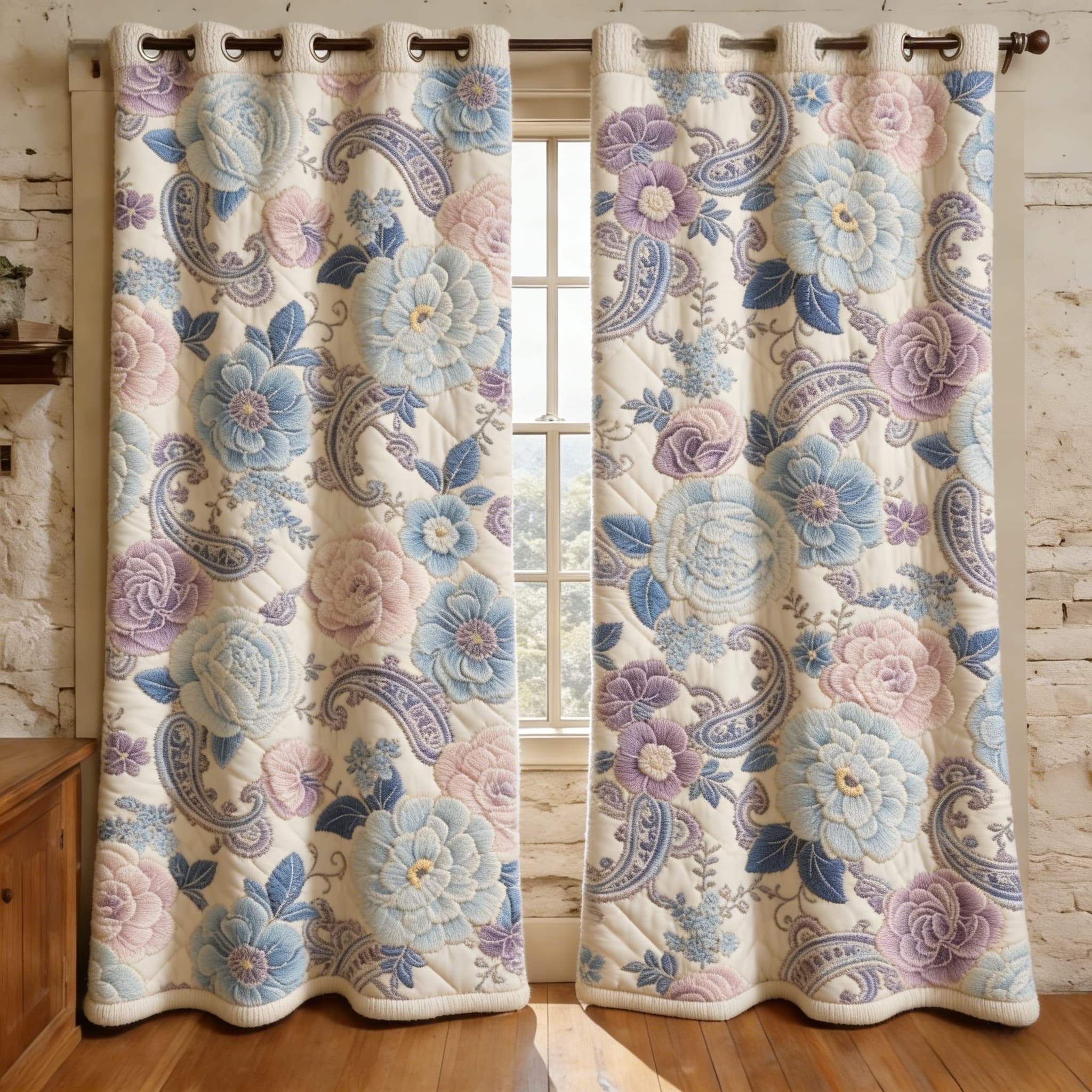 Pastel Floral & Paisley Pattern Embroidered Knitwear Quilted Curtains