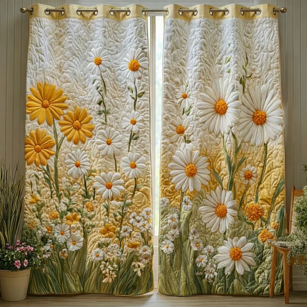 Yellow & White Daisy Field Embroidered Knitwear Quilted Curtains