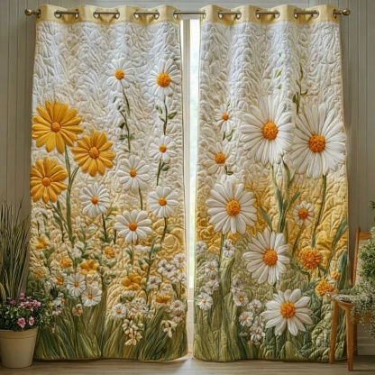 Yellow & White Daisy Field Embroidered Knitwear Quilted Curtains