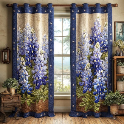 Blue Lupine & Star-Accent Embroidered Knitwear Quilted Curtains