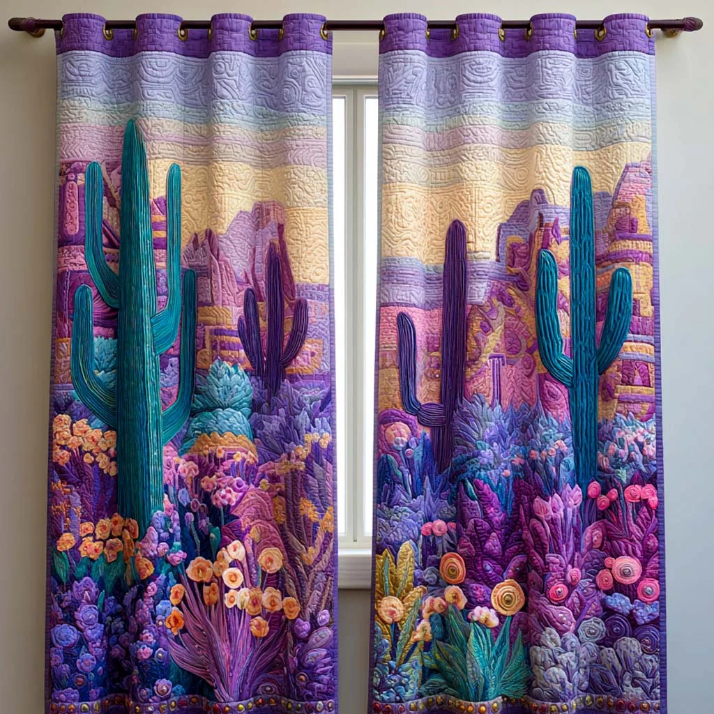Purple Desert Cactus Embroidered Knitwear Quilted Curtains