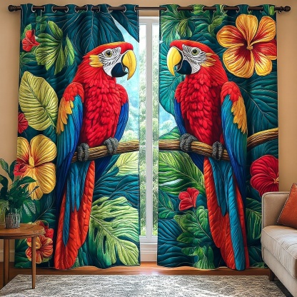 Scarlet Macaw Tropical Jungle Embroidered Knitwear Quilted Curtains