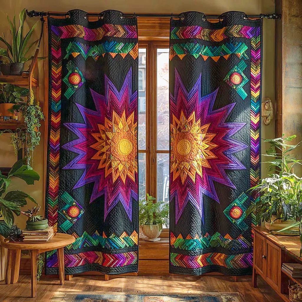 Vibrant Sunburst & Geometric Embroidered Knitwear Quilted Curtains