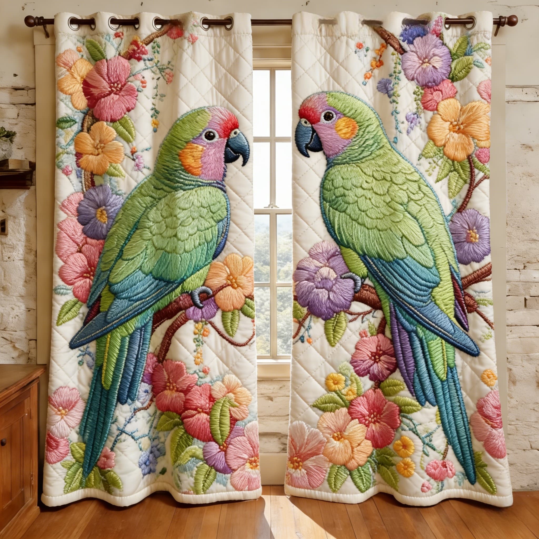 Vibrant Parrot & Floral Branch Embroidered Knitwear Quilted Curtains