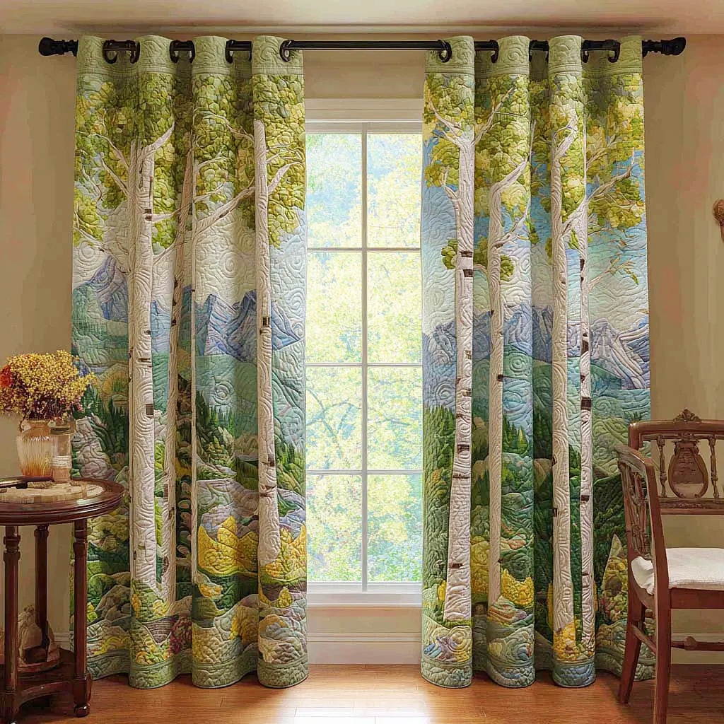 Birch Tree & Mountain Landscape Embroidered Knitwear Quilted Curtains