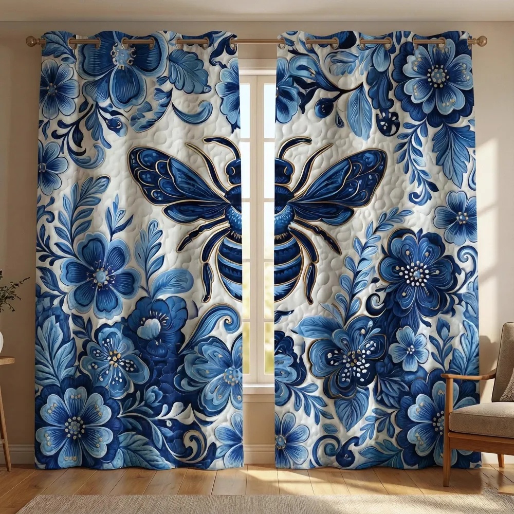 Blue & White Porcelain Bee Floral Embroidered Knitwear Quilted Curtains