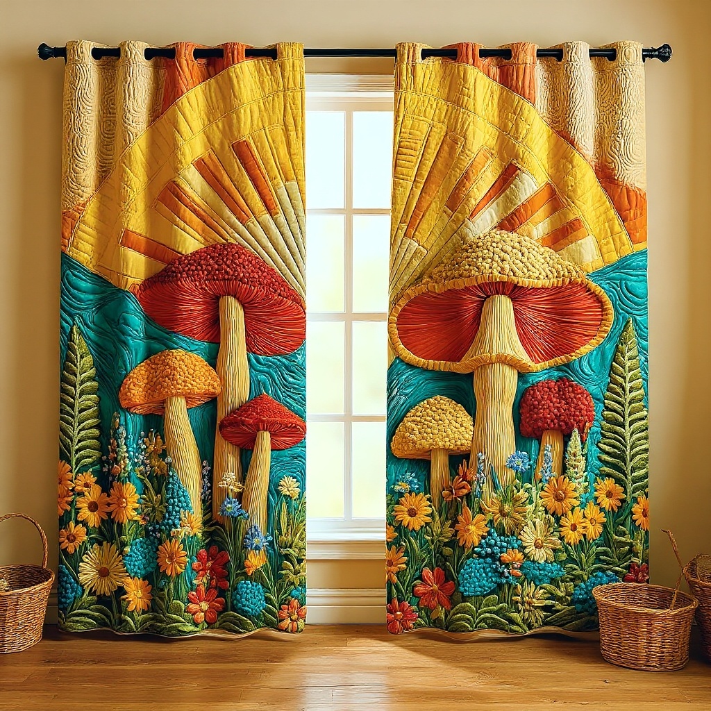Sunlit Mushroom & Floral Embroidered Knitwear Quilted Curtains