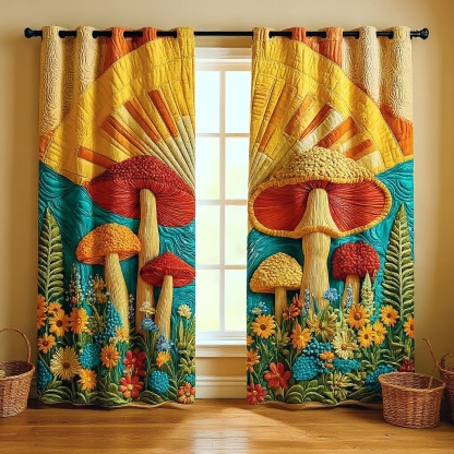 Sunlit Mushroom & Floral Embroidered Knitwear Quilted Curtains