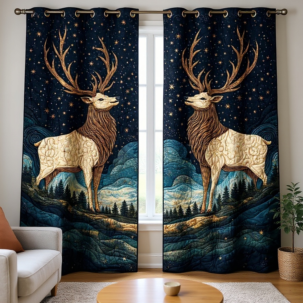 Starry Night Stag & Mountain Landscape Embroidered Knitwear Quilted Curtains